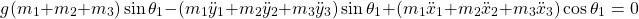 \begin{equation*}g(m_1+m_2+m_3)\sin\theta_1-(m_1 \Ddot{y}_1+m_2\Ddot{y}_2+m_3\Ddot{y}_3)\sin \theta_1+(m_1\Ddot{x}_1+m_2\Ddot{x}_2+m_3\Ddot{x}_3)\cos\theta_1=0\end{equation*}